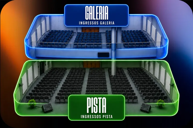 Mapa do templo: a Galeria fica no mezanino, destacada em azul, e a Pista no térreo, destacada em verde